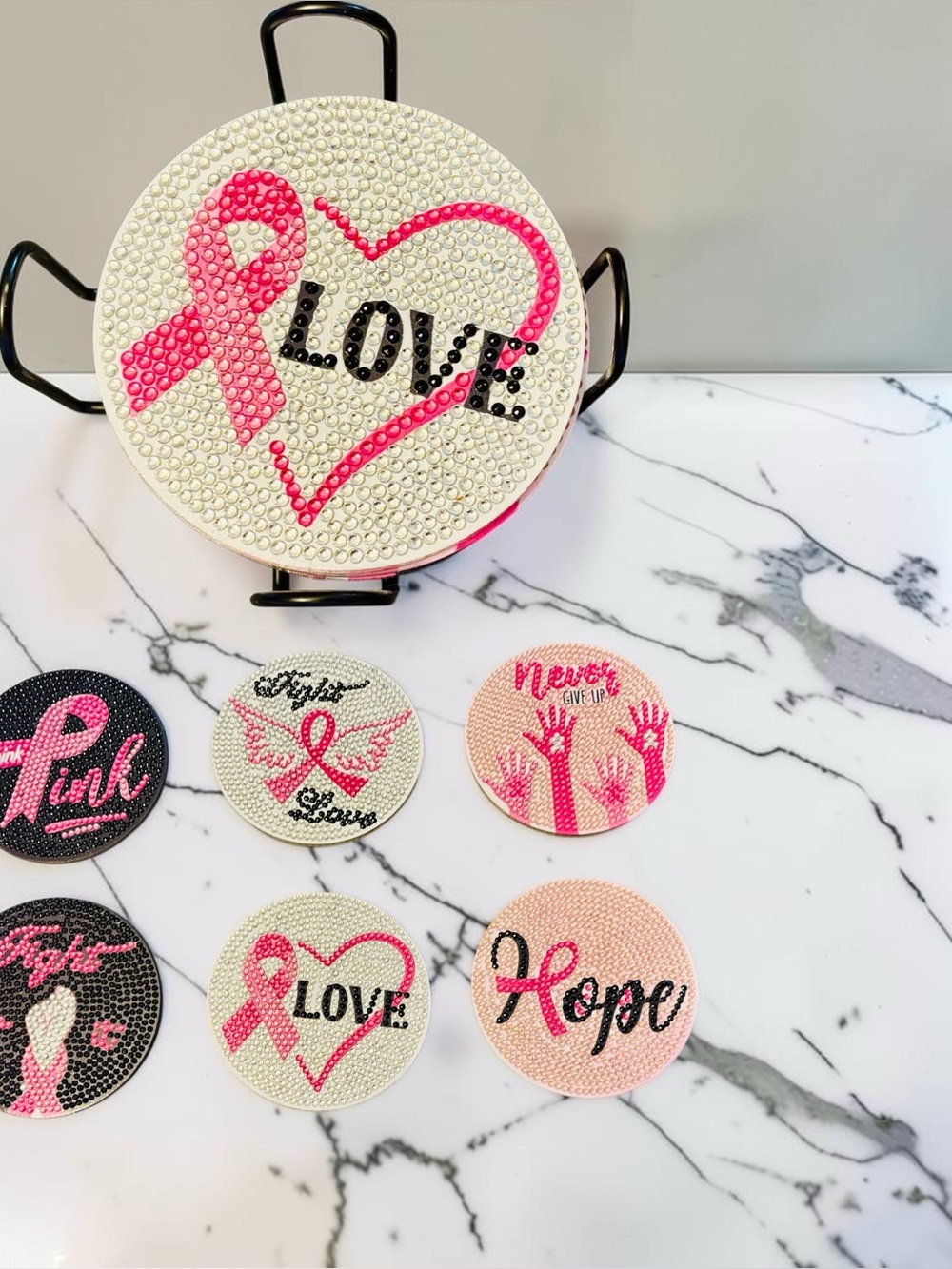 Breast Cancer Coasters Set of 6 with Holder 
Hand Crafted & Sealed 4”
